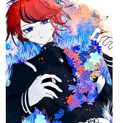 1boy black_hair blood blood_on_face blood_splatter blue_eyes border field flower flower_field last_defense_academy_school_uniform long_sleeves looking_at_viewer lying male_focus multicolored_eyes multicolored_hair on_back red_eyes red_hair solo sumino_takumi the_hundred_line_-last_defense_academy- upper_body white_border