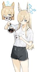 1girl alternate_costume animal_ear_fluff animal_ears black_shorts blonde_hair blue_archive blue_eyes blush closed_mouth coffee coffee_mug cup dog_ears dog_girl drinking hair_over_one_eye highres holding holding_coffee_pot holding_cup kanna_(blue_archive) long_hair mug pyytato shirt shorts sidelocks solo white_shirt