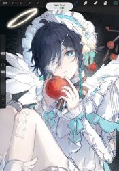 Rule 34 | 1boy, ahe ll99, alternate costume, angel wings, ankle socks, apple, art program in frame, black hair, blue eyes, blue hair, braid, eyepatch, feathered wings, food, frilled eyepatch, frilled shirt, frills, fruit, genshin impact, halo, highres, holding, holding food, holding fruit, knees up, looking ahead, looking at viewer, maid, maid headdress, male focus, shirt, sitting, socks, solo, twin braids, venti (genshin impact), white halo, white shirt, white wings, wings