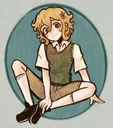 1boy alternate_eye_color basil_(faraway)_(omori) basil_(omori) black_eyes black_shoes blonde_hair blush brown_shorts closed_mouth collared_shirt full_body green_sweater_vest highres looking_at_viewer male_focus omori ottie_pops shirt shoes short_hair short_sleeves shorts sitting smile socks solo sweater_vest white_shirt white_socks