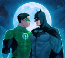 2boys absurdres bara batman batman_(series) black_bodysuit black_cape black_gloves bodysuit brown_hair bruce_wayne cape closed_mouth dc_comics domino_mask full_moon gloves green_bodysuit green_lantern green_lantern_(series) grey_bodysuit hal_jordan haljordanmylove highres large_pectorals male_focus mask moon multiple_boys muscular muscular_male night night_sky outdoors pectorals short_hair sky smile star_(sky) superhero_costume two-tone_bodysuit upper_body white_gloves yaoi