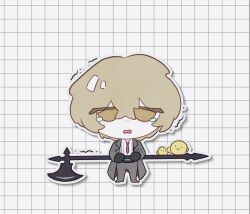 Rule 34 | 1boy, baby animal, belt, bird, black suit, blonde hair, chibi, chick, coconut 2611, collared shirt, formal clothes, full body, hair between eyes, halberd, highres, holding, holding polearm, holding weapon, limbus company, looking at viewer, necktie, polearm, project moon, red necktie, shirt, short hair, simple background, sinclair (project moon), solo, standing, suit, tears, tiles, trembling, weapon, white shirt, yellow eyes