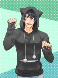 Rule 34 | 1boy, akame ga kill!, animal hood, black hair, black hoodie, blue eyes, bulat, cat hood, cotton ball, green background, hood, hoodie, looking at viewer, loup-garou, male focus, paw pose, paw print, polka dot, polka dot background, short hair, smile, solo