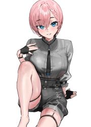 1girl belt black_gloves black_necktie blue_eyes braid braided_bangs breasts commentary_request fingerless_gloves garter_straps gloves grey_shirt grey_shorts grin hair_between_eyes high-waist_shorts hololive kanzarin knee_up large_breasts long_sleeves looking_at_viewer necktie o-ring o-ring_belt pink_hair shirt short_hair shorts simple_background sitting smile solo takane_lui takane_lui_(4th_costume) thigh_strap thighs virtual_youtuber white_background