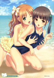 10s 2girls absurdres barefoot beach bow breasts brown_eyes brown_hair casual_one-piece_swimsuit cloud competition_school_swimsuit day feet grabbing_another&#039;s_breast green_eyes groping hair_bobbles hair_bow hair_ornament highres kneeling koutaro long_hair medium_breasts minazuki_izumi multiple_girls one-piece_swimsuit one_eye_closed open_mouth outdoors sand school_swimsuit sky suzukaze_hotaru swimsuit tropical_kiss twintails water wink yuri
