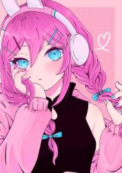 Rule 34 | 1girl, animal ear headphones, animal ears, aubrey (birthday) (omori), aubrey (faraway) (omori), aubrey (omori), blue bow, blue eyes, blue nails, blush, bow, braid, closed mouth, crop top, fake animal ears, hair bow, hair ornament, hairclip, headphones, highres, jacket, long hair, long sleeves, looking at viewer, low twin braids, multicolored nails, namake moxon, omori, pink hair, pink jacket, pink nails, rabbit ear headphones, solo, twin braids, upper body