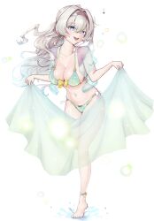113hue 1girl absurdres ankle_cuffs bikini black_hairband blush breasts cleavage clothes_lift collarbone firefly_(honkai:_star_rail) full_body green_bikini grey_hair hair_between_eyes hairband highres honkai:_star_rail honkai_(series) large_breasts long_hair navel open_mouth pink_eyes see-through_clothes side-tie_bikini_bottom simple_background smile solo stomach swimsuit white_background