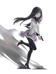 1girl absurdres akemi_homura akemi_homura_(magical_girl) argyle_clothes argyle_pantyhose black_hair black_pantyhose floating_hair full_body gun handgun high_heels highres holding holding_gun holding_weapon long_hair looking_at_viewer mahou_shoujo_madoka_magica mahou_shoujo_madoka_magica_(anime) neck_ribbon pantyhose parted_lips purple_eyes purple_ribbon purple_skirt ribbon shirt skirt solo thanatos1990 very_long_hair weapon white_shirt