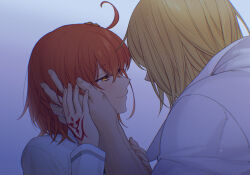 1boy 1girl ahoge blonde_hair collared_shirt command_spell eyelashes fate/grand_order fate_(series) fujimaru_ritsuka_(female) grey_background hand_on_another&#039;s_face hetero looking_at_another orange_eyes orange_hair sakata_kintoki_(fate) shirt short_hair tears veins veiny_arms zanshi