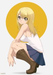 1girl absurdres bare_shoulders blonde_hair blue_skirt blush boots breasts fairy_tail highres large_breasts long_hair looking_at_viewer lucy_heartfilia shirt simple_background skirt sleeveless sleeveless_shirt smile solo squatting stayaliveplz two-tone_background white_background white_shirt yellow_background yellow_eyes
