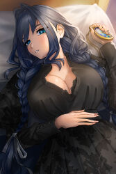 Rule 34 | 1girl, absurdres, bed, black dress, black hair, blue eyes, braid, breasts, cahryos, cleavage, dress, grey ribbon, hair intakes, hair ribbon, highres, holding, holding pocket watch, hololive, hololive english, large breasts, long hair, low twin braids, lying, on back, on bed, ouro kronii, ouro kronii (maid), pocket watch, ribbon, solo, twin braids, virtual youtuber, watch