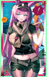 Rule 34 | !, 1girl, 360 (taiyo360), absurdres, animal ears, arknights, black shirt, black shorts, breasts, brown gloves, brown vest, cowboy shot, cropped vest, gloves, hand up, headlamp, highres, jacket, long hair, looking at viewer, navel, pantyhose, pantyhose under shorts, parted lips, purple eyes, purple hair, ray (arknights), shirt, short shorts, short sleeves, shorts, solo, vest, visor cap