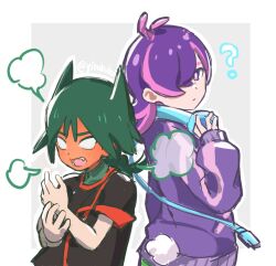 1boy 1girl ? antenna_hair back-to-back blank_eyes blush border commentary_request dot_(pokemon) full-face_blush green_hair green_shirt grey_background hand_up headphones highres jacket long_hair long_sleeves multicolored_hair nintendo open_mouth outside_border pink_hair pokemon pokemon_(anime) pokemon_horizons purple_hair purple_jacket shirt sleeves_past_wrists teeth tongue two-tone_hair ult_(pokemon) white_border yibuzhai