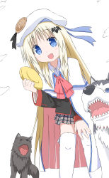1girl absurdres bat_hair_ornament blue_eyes commentary cynical_(llcbluckg_c004) dog fang frisbee hair_ornament hat highres holding little_busters! long_hair looking_at_viewer noumi_kudryavka open_mouth plaid_clothes plaid_skirt red_ribbon ribbon sharp_teeth skin_fang skirt teeth thighhighs white_background white_hat white_thighhighs