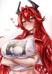 1girl absurdres artist_name black_choker black_horns blush breasts choker closed_mouth clothes_writing collarbone colycycle commission crossed_arms goddess_of_victory:_nikke hair_between_eyes heart highres horns jacket large_breasts long_hair navel open_clothes open_jacket red_hair red_hood_(nikke) red_jacket shirt solo vgen_commission white_shirt