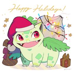 Rule 34 | christmas, christmas lights, commentary, english commentary, full body, gen 1 pokemon, gift, happy holidays, hat, ivysaur, long hair, nintendo, no humans, nostrils, open mouth, pokemon, pokemon (creature), red eyes, santa hat, simple background, solo, white background, yasaikakiage