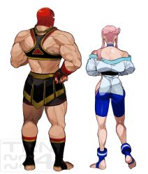 2girls absurdres bare_shoulders dougi from_behind full_body gloves highres hip_vent manon_legrand marisa_(street_fighter) multiple_girls muscular muscular_female off_shoulder pink_hair red_hair short_hair_with_long_locks sidelocks spandex street_fighter street_fighter_6 trnnmnm4 wristband