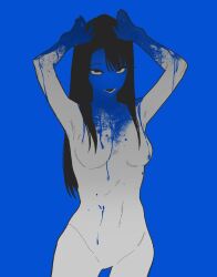 Rule 34 | 1girl, black eyes, black hair, blood, blood drip, blood on arm, blood on face, blood on hands, blood stain, blue background, blue blood, blue theme, breasts, claire (par0llel), commentary, cowboy shot, facepaint, hair over shoulder, hand on own head, hands up, highres, long hair, looking at viewer, nude, original, par0llel, simple background, solo, symbol-only commentary, thigh gap, toned, toned female, very long hair