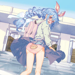 1girl animal_ears animal_print ass back-print_panties backpack bag blue_hair blue_skirt blush braid commentary_request from_behind glasses grey_shirt hanashima_m highres hololive kneepits long_hair looking_back open_mouth outdoors panties pink_panties ponytail print_panties rabbit_ears rabbit_girl rabbit_print red_eyes ribbon shirt skirt solo thighs underwear usada_pekora virtual_youtuber wind wind_lift