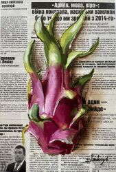 absurdres dragon_fruit food food_focus fruit highres julia_stankevych newspaper no_humans oil_painting_(medium) original painting_(medium) photo_(medium) realistic signature still_life traditional_media wall_of_text