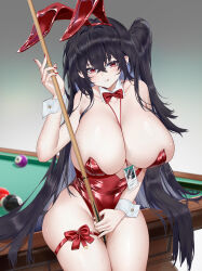 1girl absurdres animal_ear_hairband animal_ears azur_lane ball billiard_ball black_hair bow bowtie breasts cleavage commentary fake_animal_ears hairband highres holding_cue_stick huge_breasts kisa2kb leotard long_hair looking_at_viewer official_alternate_costume playboy_bunny pool_table rabbit_ear_hairband rabbit_ears red_bow red_bowtie red_eyes red_leotard solo strapless strapless_leotard table taihou_(azur_lane) taihou_(fun_on_the_baize)_(azur_lane) thigh_bow undersized_breast_cup very_long_hair white_wrist_cuffs wrist_cuffs