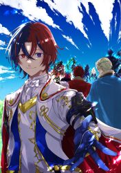 5boys 5girls alfred_(fire_emblem) aura blonde_hair blue_eyes blue_hair brown_hair commentary_request corrin_(female)_(emblem)_(fire_emblem) corrin_(female)_(fire_emblem) diamant_(fire_emblem) fire_emblem fire_emblem_engage green_hair heterochromia highres ike_(emblem)_(fire_emblem) ike_(fire_emblem) ivy_(fire_emblem) konnichi_warou long_hair lucina_(emblem)_(fire_emblem) lucina_(fire_emblem) lyn_(emblem)_(fire_emblem) lyn_(fire_emblem) male_alear_(fire_emblem) male_byleth_(emblem)_(fire_emblem) male_byleth_(fire_emblem) multicolored_hair multiple_boys multiple_girls nintendo offering_hand official_art ponytail purple_hair red_eyes red_hair short_hair sky smile solo_focus split-color_hair timerra_(fire_emblem) two-sided_fabric two-tone_hair