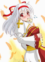 1girl ahoge arch_bishop_(ragnarok_online) blush breasts cleavage_cutout clothing_cutout commentary_request cowboy_shot cross dress envelope feathers flying_sweatdrops hair_ribbon hairband juliet_sleeves long_hair long_sleeves looking_at_viewer looking_back medium_breasts monou0135 mouth_hold open_mouth puffy_sleeves ragnarok_online red_dress red_eyes red_hairband red_ribbon ribbon solo two-tone_dress white_background white_dress white_hair