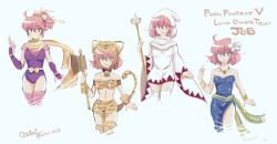 1girl berserker_(final_fantasy) dancer_(final_fantasy) final_fantasy final_fantasy_v green_eyes lenna_charlotte_tycoon leotard mask miniskirt miri_(mirik) mouth_mask ninja_(final_fantasy) ninja_mask pink_hair robe sash skirt white_mage_(final_fantasy) white_robe
