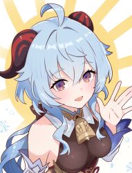 1girl absurdres ahoge aqua_hair bamboo_tac bell breasts detached_sleeves ganyu_(genshin_impact) genshin_impact hair_between_eyes highres horns large_breasts long_hair looking_at_viewer neck_bell open_mouth purple_eyes qilin_(mythology) smile solo