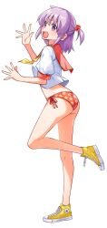 1girl arms_up ass bikini blush butt_crack dress_shirt hata_kenjirou hayate_no_gotoku! highres legs medium_hair open_mouth purple_eyes purple_hair school_uniform segawa_izumi shirt shoes smile solo swimsuit thighs transparent_background twintails