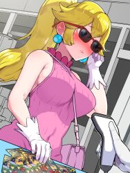 1girl 1other bare_shoulders blonde_hair blue_eyes blush boris_(noborhys) breasts covered_navel embarrassed gloves highres indoors large_breasts mario_(series) nintendo ponytail princess_peach ribbed_shirt shirt sleeveless sleeveless_shirt solo_focus sunglasses white_gloves