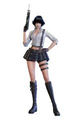 1girl 3d bike_shorts black_hair devil_may_cry devil_may_cry:_peak_of_combat devil_may_cry_(series) devil_may_cry_3 gloves gun hand_on_own_hip highres holding holding_gun holding_weapon lady_(devil_may_cry) midriff navel official_art shirt short_hair solo submachine_gun weapon white_shirt