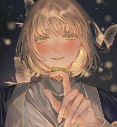 1girl alt_text black_background blonde_hair blue_robe blush bug butterfly caterpillar colored_eyelashes dungeon_meshi eyelashes falin_touden falin_touden_(tallman) glowing_butterfly grey_shirt hand_up highres index_finger_raised insect insect_on_finger light_particles long_sleeves looking_at_animal parted_lips robe sasakura34 shirt short_hair smile solo upper_body yellow_eyes