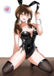 1girl absurdres animal_ears bare_shoulders black_leotard breasts brown_hair brown_thighhighs fake_animal_ears hand_up heart highleg highleg_leotard highres kneeling leotard long_hair looking_at_viewer low_twintails medium_breasts open_mouth orange_eyes original playboy_bunny rabbit_ears side-tie_leotard simple_background smile solo spoken_heart strapless strapless_leotard thighhighs thighs twintails vavamva white_background wrist_cuffs