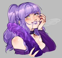 1boy 1girl borrowed_character choker disembodied_penis grey_background large_penis lipstick long_hair makeup original pami_namal_(wingedwasabi) penis ponytail purple_choker purple_hair purple_lips purple_nails purple_shirt shirt simple_background sluff_(twistedtendril) upper_body yellow_eyes