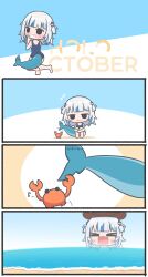 &gt;_&lt; 1girl :3 absurdres bare_shoulders big_enough_(meme) blue_hair blush_stickers crab fang fins fish_tail gawr_gura grin hair_ornament hat highres hololive hololive_english medium_hair meme mpien multicolored_hair musical_note old_school_swimsuit one-piece_swimsuit open_mouth school_swimsuit shark_hair_ornament shark_tail skin_fang smile smirk squatting stitches streaked_hair swimsuit tail tears two_side_up virtual_youtuber water white_hair