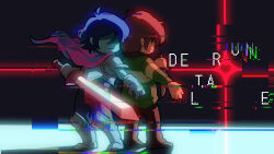 1other aqua_skin armor back-to-back blue_hair breastplate brown_hair brown_pants brown_shoes cape colored_skin deltarune dual_persona expressionless glitch gloves greaves green_sweater highres holding holding_knife holding_sword holding_weapon knife kris_(dark_world)_(deltarune) kris_(deltarune) leg_armor medium_hair pants pauldrons pink_cape pink_scarf pixelated poleyn sabaton scarf shaded_face shoes shoulder_armor single_horizontal_stripe soul_(deltarune) sweater sword uri_(365mimimi) weapon white_gloves