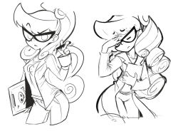 1girl clipboard cropped_legs curly_hair facepalm female_focus glasses greyscale johnny_test lab_coat long_hair mary_test monochrome pencil ponytail sho-n-d solo