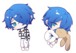 1boy absurdres alternate_costume blue_eyes blue_hair chibi chibi_only covered_mouth frown hair_over_one_eye highres hugging_doll hugging_object looking_at_viewer male_focus milgram multiple_views outline pants pink_outline sakurai_haruka_(milgram) shirt shoes short_hair simple_background stuffed_animal stuffed_rabbit stuffed_toy sweatdrop white_background white_pants white_shirt white_shoes yingwux1