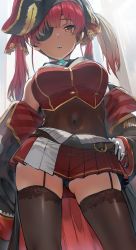 1girl bicorne black_coat black_hat black_panties black_thighhighs breasts coat commentary covered_navel eyepatch female_focus garter_straps gloves gluteal_fold hair_ribbon hat hews highres hololive houshou_marine large_breasts long_hair looking_at_viewer miniskirt off_shoulder orange_eyes panties pirate_hat pleated_skirt red_hair red_ribbon red_skirt ribbon skirt solo standing thighhighs thighs twintails underwear virtual_youtuber white_gloves