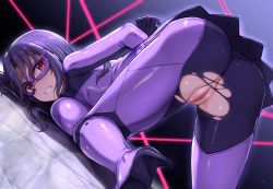 1girl anus arms_behind_back ass black_gloves blush bodysuit breast_press breasts cai_geng censored clenched_teeth domino_mask dutch_angle female_focus gloves high_heels idolmaster idolmaster_million_live! impossible_bodysuit impossible_clothes large_breasts long_hair looking_at_viewer looking_back mask mosaic_censoring on_floor open_mouth purple_bodysuit purple_hair pussy red_eyes skindentation solo takayama_sayoko teeth top-down_bottom-up torn_bodysuit torn_clothes trefoil v-shaped_eyebrows
