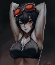 1girl ahoge armpits arms_behind_head arms_up bare_shoulders bekus black_hair breasts cleavage crop_top gloves goggles goggles_on_head grace_howard hair_between_eyes highres large_breasts looking_at_viewer mole mole_on_breast navel orange_eyes solo sports_bra zenless_zone_zero
