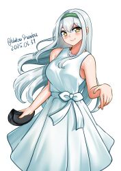 Rule 34 | 1girl, absurdres, alternate costume, bag, brown eyes, clutch purse, commentary, cowboy shot, dress, english commentary, green hairband, hairband, handbag, highres, jewelry, kantai collection, katou shinobu, long hair, looking at viewer, necklace, official alternate costume, one-hour drawing challenge, pearl necklace, shoukaku (anniversary) (kancolle), shoukaku (kancolle), simple background, sleeveless, sleeveless dress, solo, white background, white dress, white hair