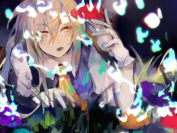 Rule 34 | 1girl, blonde hair, cerevevisiae, collared shirt, commentary request, gloves, grass, hair between eyes, holding, holding mushroom, kirisame marisa, long hair, mushroom, necktie, open mouth, purple vest, shirt, sidelocks, solo, touhou, upper body, vest, white gloves, white shirt, yellow eyes, yellow necktie