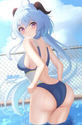 1girl absurdres alternate_costume blue_hair blue_one-piece_swimsuit blush breasts chain-link_fence closed_mouth cloud cloudy_sky commentary_request day fence from_side ganyu_(genshin_impact) genshin_impact highres hyakuya_iori large_breasts long_hair looking_at_viewer looking_to_the_side one-piece_swimsuit outdoors pool purple_eyes sideboob signature sky solo swimsuit twitter_username very_long_hair wading watermark web_address white_one-piece_swimsuit