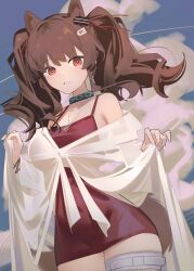 1girl absurdres angelina_(arknights) angelina_(summer_flower)_(arknights) animal_ears arknights bare_shoulders bracelet breasts brown_hair chichi_guai choker cowboy_shot fox_ears hair_ornament hands_up hashtag-only_commentary highres holding infection_monitor_(arknights) jewelry long_hair long_sidelocks looking_at_viewer medium_breasts necklace official_alternate_costume one-piece_swimsuit orange_eyes parted_lips red_one-piece_swimsuit sidelocks smile solo swimsuit swimsuit_cover-up thick_thighs thigh_strap thighs twintails
