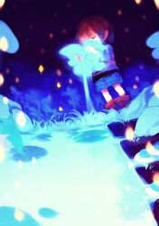 1other blue_flower blue_shirt blue_shorts boots brown_boots brown_hair child closed_eyes commentary_request covered_mouth denim denim_shorts echo_flower film_grain flower frisk_(undertale) from_below full_body hair_over_one_eye highres knee_boots light_particles lily_pad long_sleeves mii_(chibinomi) on_grass one_eye_covered pink_shirt shirt short_hair shorts solo standing striped_clothes striped_shirt two-tone_shirt undertale