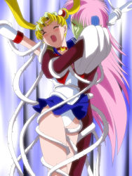 1990s_(style) 2girls an_(sailor_moon) bishoujo_senshi_sailor_moon bishoujo_senshi_sailor_moon_r blonde_hair blush colored_skin eyebrows female green_skin highres moaning multiple_girls pain pink_hair red_eyes restrained retro_artstyle sailor_moon sexually_suggestive tentacles thorns tsukino_usagi twintails
