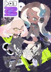 2girls ankle_boots aqua_eyes black_boots black_choker black_crown black_gloves black_pantyhose black_shirt black_shorts blonde_hair blue_hair blunt_bangs boots bra brown_hair cephalopod_eyes choker colored_extremities cross-shaped_pupils crown dark-skinned_female dark_skin fang fingerless_gloves fishnet_pantyhose fishnets forehead full_body furrowed_brow gloves gradient_hair headphones highres holding holding_instrument holding_megaphone horizontal_pupils imoyamaimo inkling instrument keytar long_hair looking_at_viewer marina_(splatoon) marina_(springfest)_(splatoon) medium_hair megaphone midriff mole mole_under_mouth multicolored_hair multiple_girls navel nintendo octoling official_alternate_costume open_mouth pants pantyhose pantyhose_under_shorts parted_bangs pearl_(splatoon) pearl_(springfest)_(splatoon) pink_hair pink_pupils sample_watermark shirt short_bangs short_sleeves shorts smile spiked_choker spikes splatoon_(series) splatoon_3 standing standing_on_one_leg symbol-shaped_pupils tentacle_hair tilted_headwear two-tone_hair underwear watermark white_bra white_pants yellow_eyes