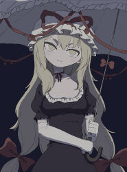 1girl absurdres blonde_hair choker closed_mouth collarbone dark_background dress elbow_gloves expressionless frills gloves hair_between_eyes hair_ribbon hat highres holding holding_umbrella long_hair mob_cap purple_dress ribbon ribbon_choker short_sleeves solo touhou umbrella upper_body uzou_(uzooooooooo) very_long_hair white_gloves yakumo_yukari yellow_eyes